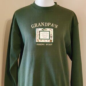 Vintage Tultex "Grandpa's Fishing Buddy" Picture Pocket Green Sweatshirt Medium